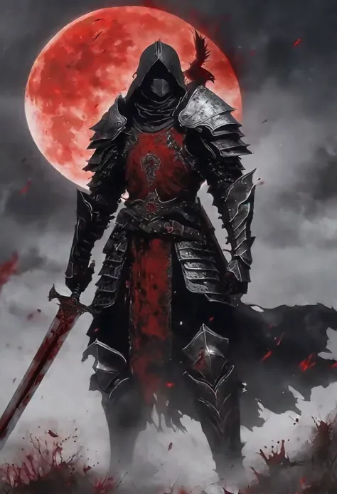 a man , clad in dark mist , wearing black and red and white armor, he has blood stains on him, his armor is damaged , he wields a long sword, his eyes are dark red, he wears a helmet, behind him is a huge white gate and the area around him is stained with blood and black mist, and a blood red moon in the sky, night sky