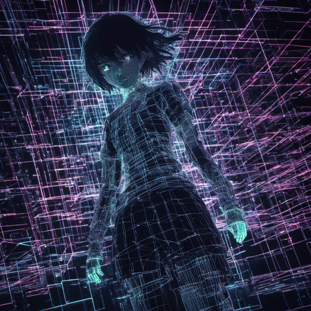 FULL BODY SHOT, 1girl, shibuya, virtual, disintegration, wireframe, rgb