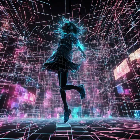 FULL BODY SHOT, 1girl, screaming, shibuya, virtual, disintegration, wireframe, rgb