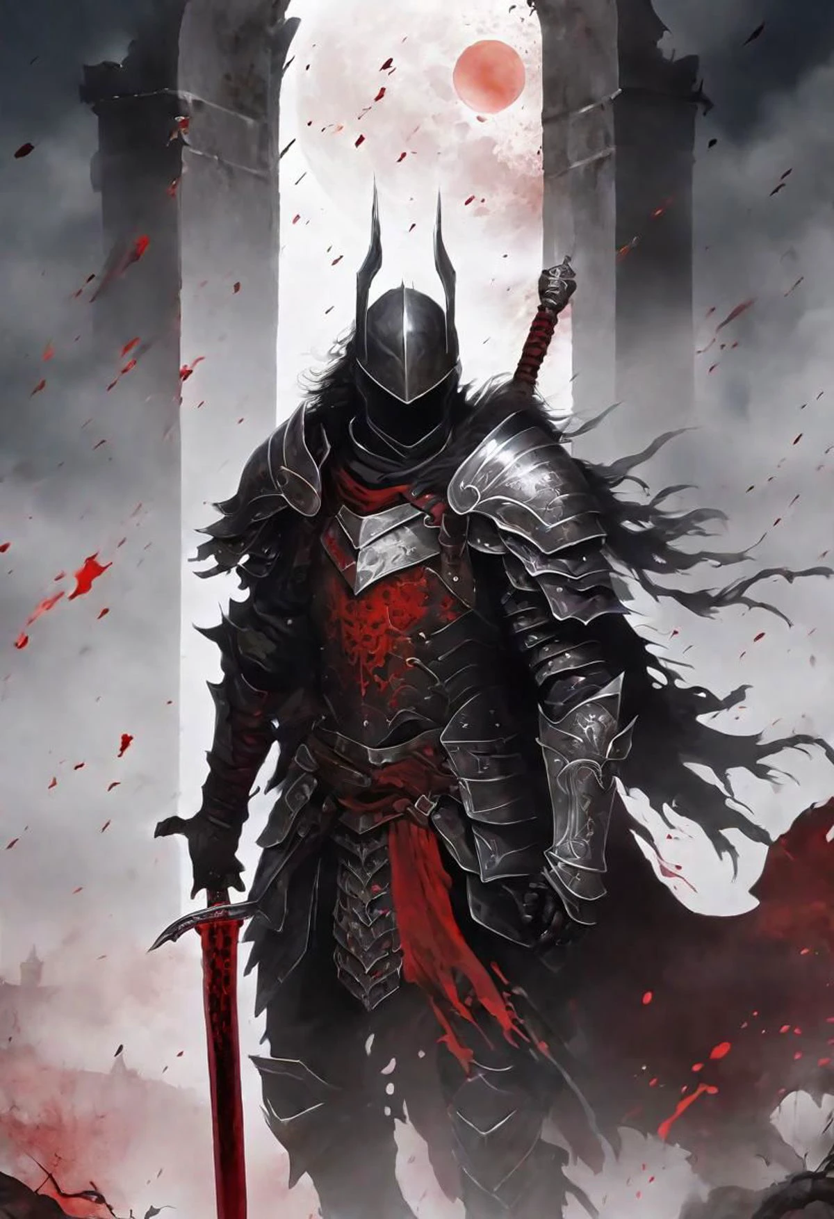a man , clad in dark mist , wearing black and red and white armor, he has blood stains on him, his armor is damaged , he wields a long sword, his eyes are dark red, he wears a helmet, behind him is a huge white gate and the area around him is stained with blood and black mist, and a blood red moon in the sky, night sky