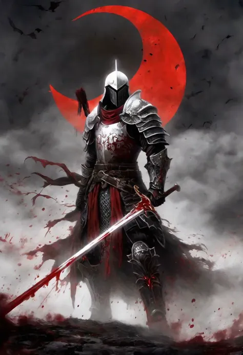 a man , clad in dark mist , wearing black and red and white armor, he has blood stains on him, his armor is damaged , he wields a long sword, his eyes are dark red, he wears a helmet, behind him is a huge white gate and the area around him is stained with blood and black mist, and a blood red moon in the sky, night sky