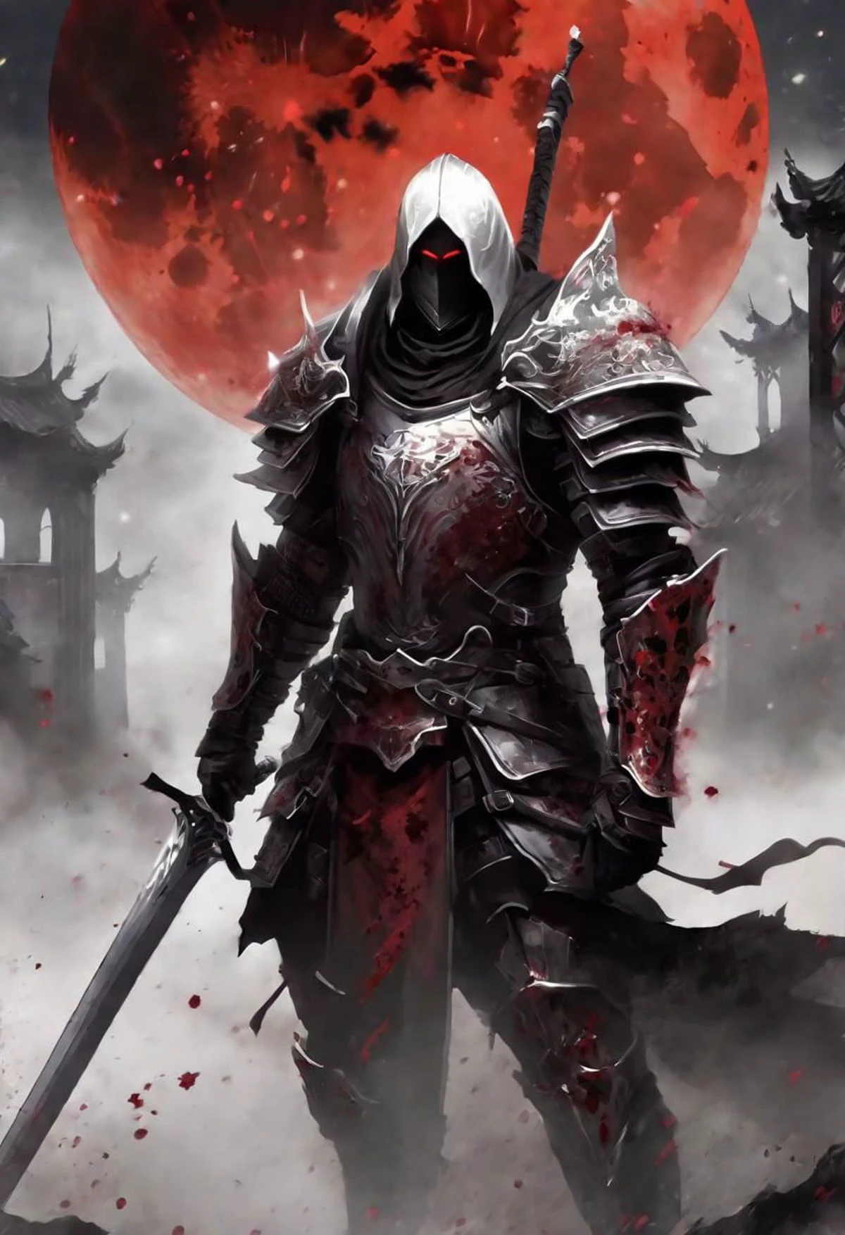 a man , clad in dark mist , wearing black and red and white armor, he has blood stains on him, his armor is damaged , he wields a long sword, his eyes are dark red, he wears a helmet, behind him is a huge white gate and the area around him is stained with blood and black mist, and a blood red moon in the sky, night sky