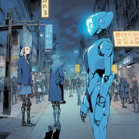 1girl, blue suit, looking at viewer, bus stop bench, street lamp glow, background: humanoid robots crossing street, sign that says "Biological Only"