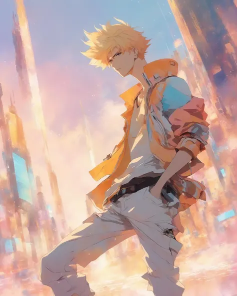 A male anime character in a retro-future world, anime style, anime studio, cool attitude, pastel colors, golden hour, (watercolor:0.5), dynamic pose, masterpiece