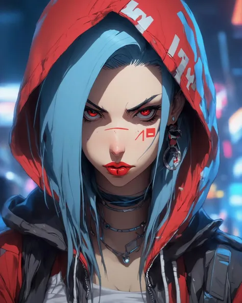 1girl, solo, hood, hood up, lips, looking at viewer, cyberpunk, blurry, closed mouth, red eyes, portrait, blue hair, bandaid, earrings, bandaid on face, hair between eyes, hooded jacket, jewelry, science fiction, depth of field, long hair, bangs, nose, jacket, hoodie,  16k, masterpiece, studio quality