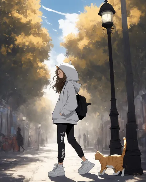 1girl, cat, outdoors, hood, smile, closed eyes, pants, long hair, shoes, hoodie, sneakers, solo, white footwear, city, tree, black pants, building, lamppost, hood down, animal, walking, sky