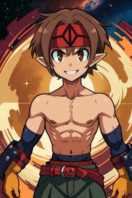 MWarrior, brown hair, brown eyes, pointy ears, topless male, short hair, red gloves,
pants, red belt, headband,
outer space, stars, cowboy shot,
(insanely detailed, beautiful detailed face, masterpiece, best quality)
smile,
standing, solo, upper body, <lora:malefighter-10v5:0.7>