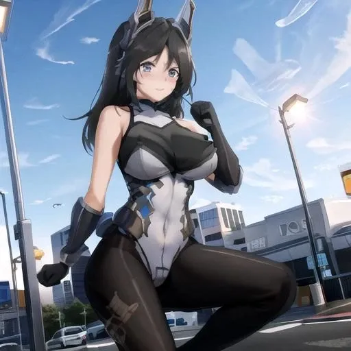 , masterpiece, Highest Quality, Highest Resolution, perfect background, perfect perspective, sharp image, perfect details, perfect lighting, perfect shadows, Perfect lighting, Best background, 1girl, solo, AG Mel, leotard, pantyhose, black hair, large breasts, body suit, head gear, long hair, hiding hands,