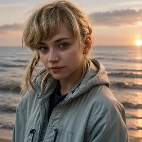 im0gen,blonde hair bun,close-up,red t-shirt ,sunrise,beach background,add_detail,8k,uhd,bokeh,extreme dof,soft lighting