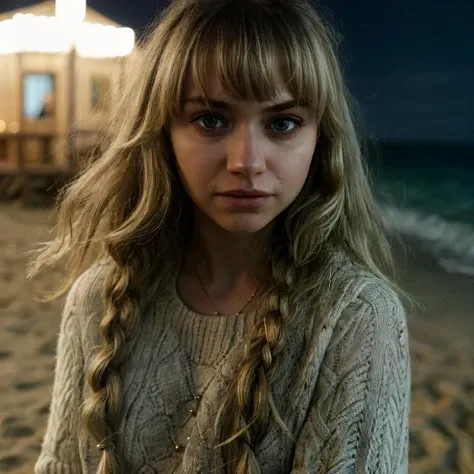 im0gen,blonde long hair with bangs,upper body,night,dreamy,beach background,wearing sweater,extreme dof,masterpiece,intricated,bokeh,soft lighting,chiaroscuro,close-up,dynamic pose,(extremely detailed),(detailed skin),realistic photo,standing,add_detail,8k,uhd