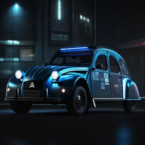 2Cv1024, pearly blue ((cyberpunk armored car)) with neon lights, licence plate with text "2CV-SDXL", hightec cyberpunk city, detailed eyes, photography, highly detailed, sharp focus, trending on artstation, studio photo, intricate details, highly detailed, by greg rutkowski  <lora:2Cv1024:0.2>