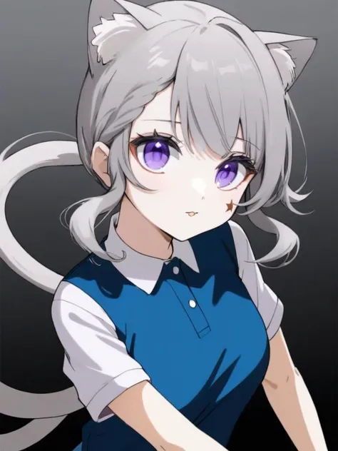 <lora:xl_lingnite cat girl-000014:1>,lingnite cat girl,gray hair,purple eyes,tresshear\(hairstyle)\,polo shirt