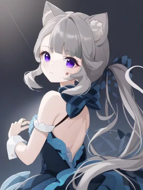 <lora:xl_lingnite cat girl-000009:1>,lingnite cat girl,gray hair,purple eyes,tresshear\(hairstyle)\,ponytail,crinoline