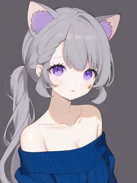 <lora:xl_lingnite cat girl-000009:1>,lingnite cat girl,gray hair,purple eyes,tresshear\(hairstyle)\,off-shoulder sweater,ponytail,