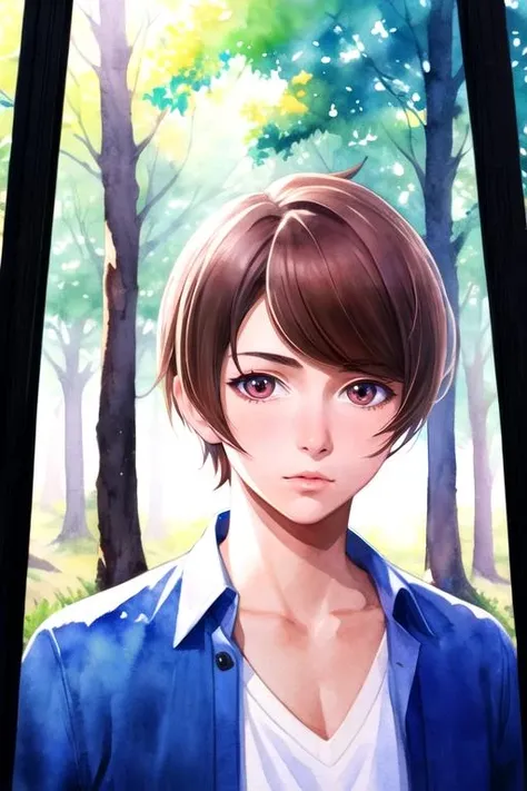 masterpiece, best quality, wallpaper, 1boy, solo, male focus, looking at viewer, upper body, , (watercolor illustration, soft pastel colors:1.1), realistic, <lora:haruto_tsukishiro:0.84>, haruto_tsukishiro, , cardigan, , The Forest of Mirrors: A place where reality is distorted and nothing is as it seems,