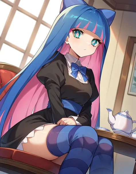 score_9, score_8_up, score_7_up, source_anime,
psgstocking, <lora:stocking-anarchy-ponyxl-lora-nochekaiser:1>,
psg stocking, blue eyes, blue hair, colored inner hair, hair bow, long hair, multicolored hair, pink hair, two-tone hair, bangs, blunt bangs, bright pupils,
striped, striped thighhighs, thighhighs, dress, black dress, puffy sleeves, long sleeves, skirt, shirt, collared shirt, white shirt,
indoors, table, sitting, chair, teacup, teapot, strawberry shortcake,
looking at viewer, cowboy shot, dutch angle,