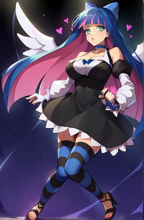 score_9, score_8_up, score_7_up, score_6_up,source_anime,BREAK,<lora:Packge:0.8>,breasts, 1girl, packge, large breasts, <lora:stocking-anarchy-ponyxl-lora-nochekaiser:0.8> psg stocking, blue eyes, blue hair, colored inner hair, hair bow, long hair, multicolored hair, pink hair, two-tone hair, bangs, blunt bangs,, striped, striped thighhighs, thighhighs, dress, black dress, puffy sleeves, long sleeves, skirt, shirt, collared shirt, white shirt,, angel wings, arm warmers, bare shoulders, choker, cleavage, detached sleeves, fingerless gloves, gloves, heart, high heels, sandals, striped, striped thighhighs, thighhighs, thighs, white gloves, wings,