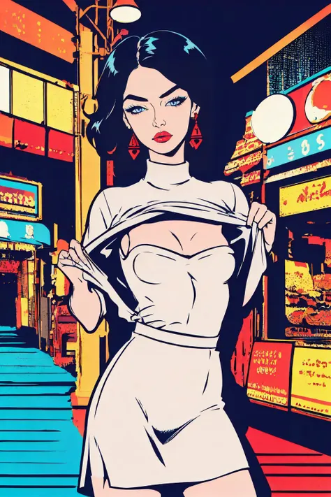 (nsfw), (uncensored), (1girl) , (Mature old female in her forties,milf,motherly), Vietnamese,, Angled eyebrows, (Light Blue eyes  ), (Ash Sleek and straight hairstyle), (wearing Convoluted black Linen wrap dress), with underneath (Sumptuous hot pink body-smoothing bra, brief and thigh strap:0.5),<lora:ClothingAdjuster3:-0.75>, short,(Balanced body), (small breasts) , Natural "no-makeup" makeup,,,Matte lipstick, ,  long earrings ,
(solo focus),undressing ,embarrassed, clothes lift,looking at viewer,upshirt,shirtlift,fl9shingt1ts, lifting clothes up,showing tits,nipples,revealing,exposed breasts,<lora:zzzshirtliftv1:0.5>,<lora:Flashing_Tits_V2:0.5>,nakedflashing,shirtspread,<lora:shirtspread:0.65>,<lora:naked flashing:0.65>,
(RAW photo, best quality), (realistic, photo-realistic), masterpiece, an extremely delicate and beautiful, extremely detailed, CG, unity ,4k wallpaper, Amazing,finely detail,extremely detailed CG unity 4k wallpaper, ultra-detailed, highres, absurdres, soft light,
background A colorful amusement park with a ferris wheel in the background at Late evening,
<lora:uv:0.5>,<lora:1epi_noiseoffset2:0.5>,<lora:Mild detail adjusterV10:-1>,<lora:LAS:0.2>,, <lora:pop_art_style_v11:0.8> pop art