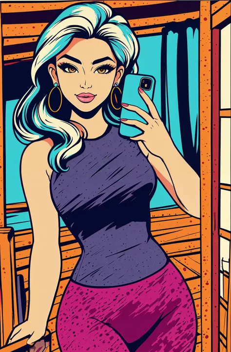 (nsfw), (uncensored), (1girl) , (Mature older female,milf in her sixties,motherly), Asian,kawaii_jpn,kkw-Asian,
(Light Brown eyes ), Hard eyebrows, (Platinum Long Senegalese Twists hairstyle),
thin,(Hourglass body), (small breasts) ,
(wearing opulent Ice blue Mesh-insert tank top and high-waisted capri leggings),<lora:ClothingAdjuster3:-0.5>, , rope earrings ,
(solo focus),(selfie, mirror,holding phone:1.2),reflection,cellphone,<lora:pose selfie mirror:0.65>, naughty smile , pinky out,
(masterpiece, top quality, best quality, extreme detailed, highest detailed, official art, beautiful and aesthetic), colorful,sun rays,high contrast,over exposure,<lora:uv:0.8>,<lora:1epi_noiseoffset2:0.8>,<lora:Mild detail adjusterV10:-0.75>,<lora:light:0.5>,
background A cozy, rustic log cabin with a view of a roaring waterfall at Morning light, <lora:pop_art_v2:0.8> pop art