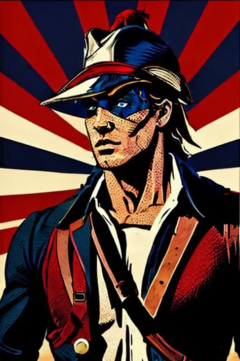 1man, <lora:pop_art_v2:1>, pop art, (masterpiece), superhero, revolutionary war outfit, (tricorn hat), muscular, black domino mask, (full body shot)