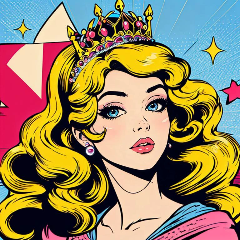 pop art, 1girl, solo, princess, long hair, looking at viewer, blonde hair,
<lora:pop_art_style_v11:0.7>