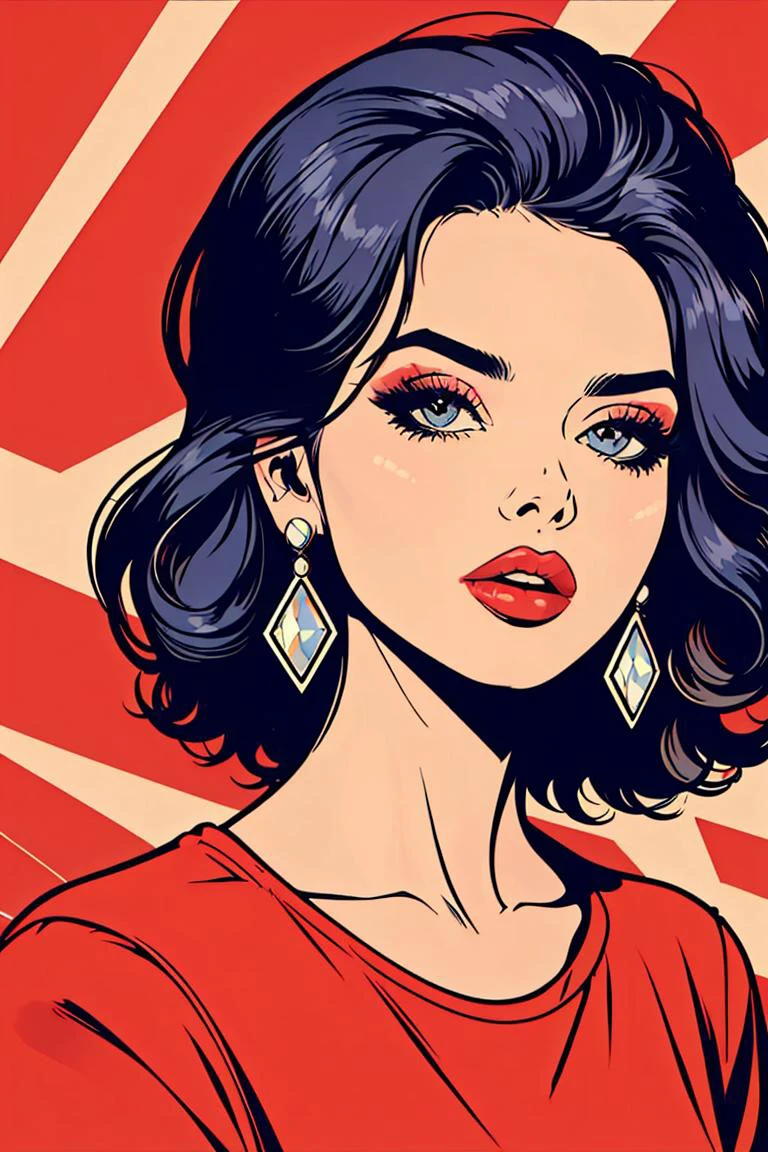 pop art,1girl,solo,shirt,jewelry,closed mouth,upper body,earrings,lips,looking at viewer,red lips,<lora:pop_art_style_v11:0.7>,
