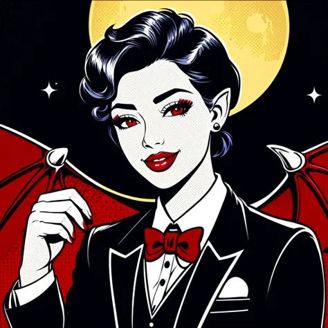 colorful, solo, mature, 1girl, upper body, short hair, seductive smile, night sky, detailed full moon,
head_wings, demon_wings, red eyes, pointy_ears, bowtie, brooch, tuxedo, vampire, simple_background, natural skin tone,
<lyco:pop_art_v2:0.7> pop art,