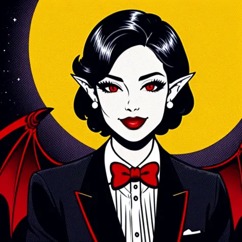 solo, mature, 1girl, upper body, short hair, seductive smile, night sky, detailed full moon,
head_wings, demon_wings, red eyes, pointy_ears, bowtie, brooch, tuxedo, vampire, simple_background, natural skin tone,
<lyco:pop_art_v2:0.7> pop art,