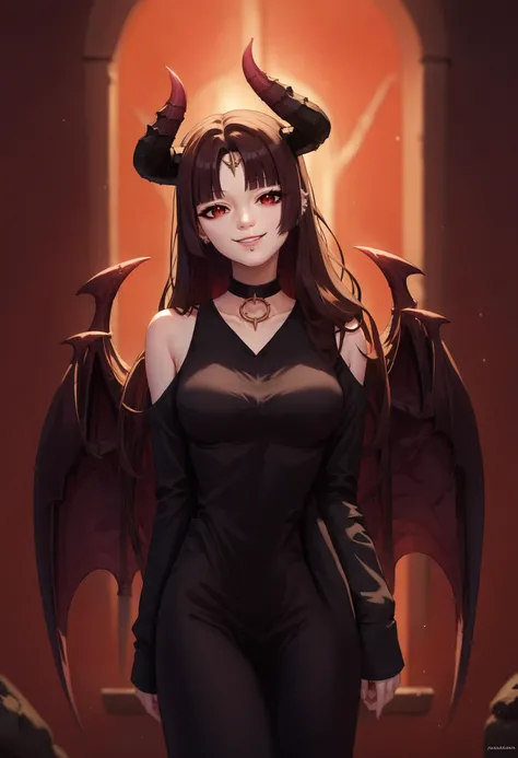 score_9, score_8_up, score_7_up, source_anime, <lora:Hoseki_BTR_Pasan_PDXL_v1:1>, ear piercing, chin piercing, hime cut, choker, black dress, shoulder cutout, sleeves past fingers, seductive smile, cowboy shot, <lora:Vykas-lostark:1> Vykas-lostark, demon horns, demon wings,demon girl, brown hair, red eyes, forehead