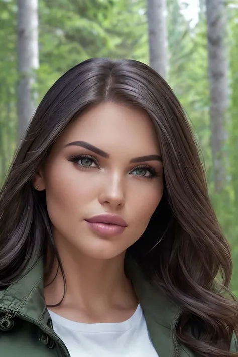 portrait of S221_KarinaSmolskaya,a gorgeous woman,in a (forest:1.1),wearing a (shirt:1.1) and a (jacket:1.1),(8k, RAW photo, best quality, depth of field, ultra high res:1.2),(absurdres, intricate, photorealistic, masterpiece, ultra-detailed:1.3),