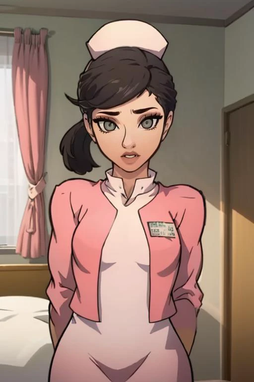 (masterpiece, best quality:1.2), <lora:tobinge:0.8> tobinge, <lora:sayokouehara:.9>, sayokoueharanurse, 1girl, solo, hat, ponytail, breasts, nurse cap, nurse, dress, indoors, arms behind back,