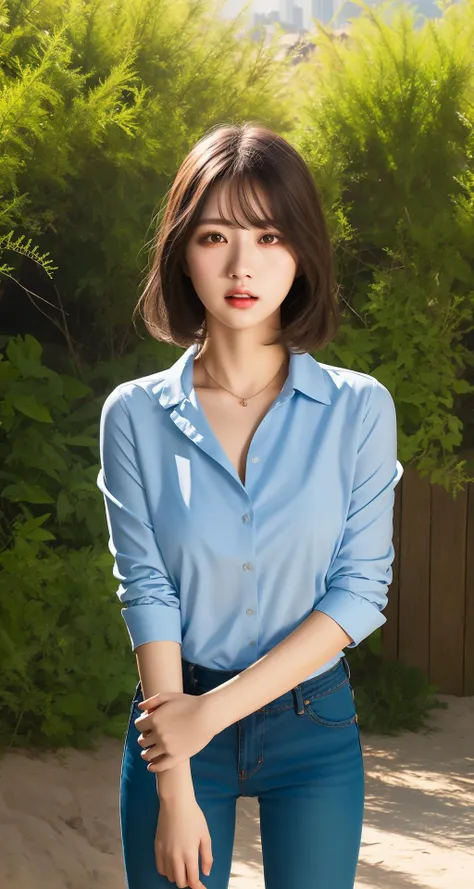 (Highly detailed CG Unity 8K wallpaper、highest quality、super detailed、masterpiece、realistic、Photoreal)、(Highly detailed cute girl、18-year-old),{short bob hair},,split lips、round idium chest))、viewer、semi body shot、collared shirt:see-hrough:nipple、、(squat:squat：spread your legs:vaginas：pussy)、bangs