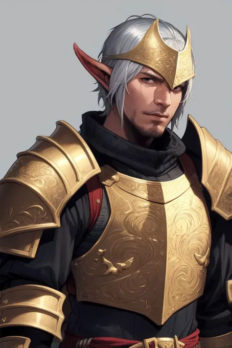 portrait, solo, 1 man, intricate details, facing viewer, knight armor, shoulder armor, chest plate, silver armor, gold trim, bright, simple background, rpg, dungeons and dragons, world of warcraft,