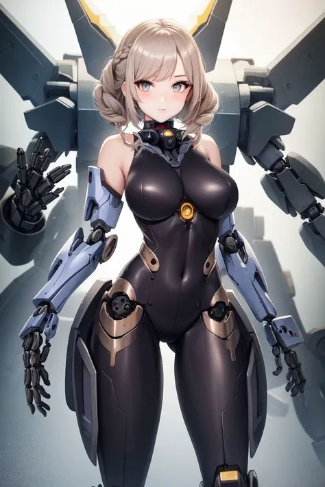 masterpiece, high quality, Two Robot Girls, duo, perfect face, full body shot, Both figures are entirely mechanical except for their faces., Neither of them are wearing clothes., 2体とも首から下は金colorの内部骨格, Both have transparent exoskeletons, showing each other's bodies, brown hair, blonde hair, curly hair, hairstyle that suits you, ヘーゼルcolorの目, medium size bust,, Neither of them are wearing clothes., y , Everything is mechanical except for the face., smile, flat_color, full body, seductive pose, duo pose