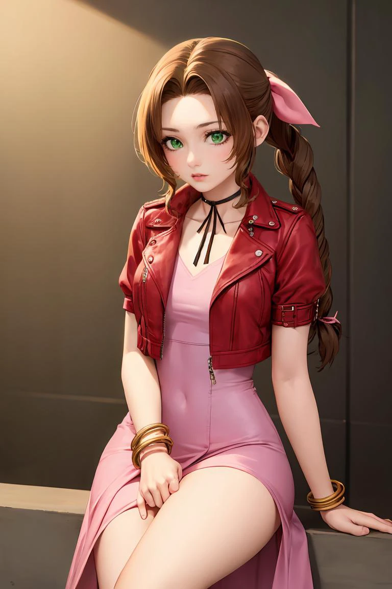 (masterpiece, best quality), 1girl, <lora:aerithgainsborough-lora-nochekaiser:0.8> aerith gainsborough, braid, braided ponytail, (green eyes:1.5), hair ribbon, long hair, parted bangs, brown hair, sidelocks, bangle, bracelet, choker, cropped jacket, dress, jacket, jewelry, long dress, pink dress, pink ribbon, puffy short sleeves, puffy sleeves, red jacket, ribbon, short sleeves,