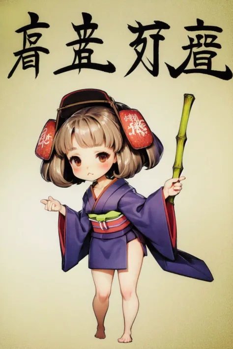 (chibi:1.8), (intricate details), (solo, 1girl:1.1), praise the sun, eyelashes, light brown hair, ringlets, medium breasts, blush, seductive, collarbone, (wince:1.1), (red japanese clothing:1.25), (kanji calligraphy poem haiku:1.1), (bamboo, Strawberry_banksia \(flower\), sky), bright, blurry background, soft lighting, bloom effect, mystic, uncensored, (obmu:1.1), <lora:vanillaware_style_v04:1>