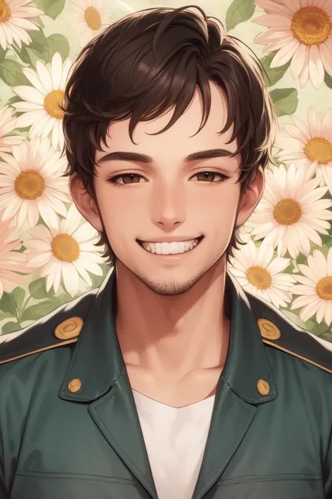 portrait, solo, european guy, facing viewer, grin, sunbeam, floral background
