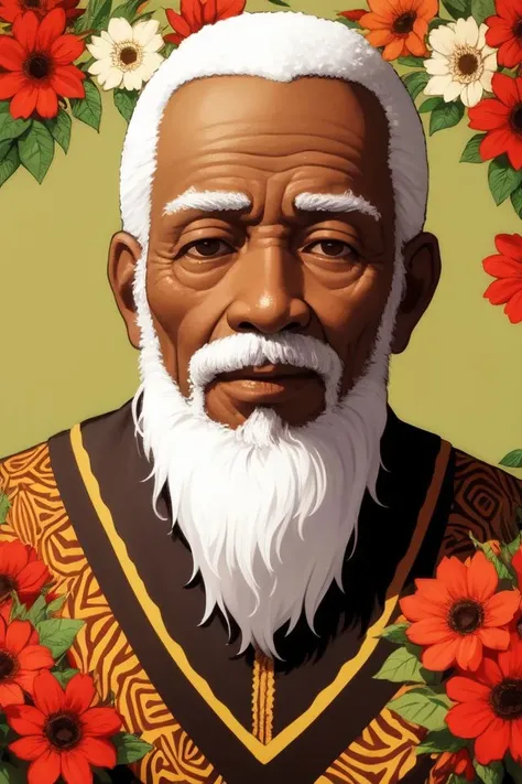portrait, solo, african, old man, floral background
