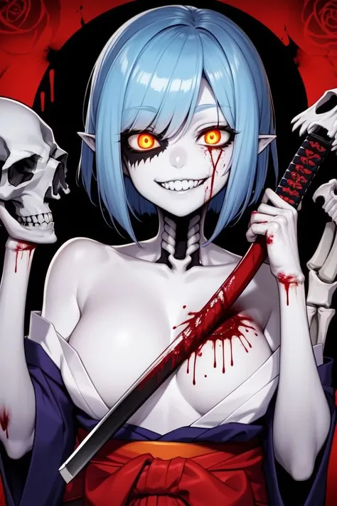 portrait, solo, Ochimusha \(monster girl encyclopedia\), blood, blood stain, pale skin, bone, glowing eyes, hakama, japanese clothes, katana, monster girl, skeletal arm, skull, undead, facing viewer, grin, day, floral background