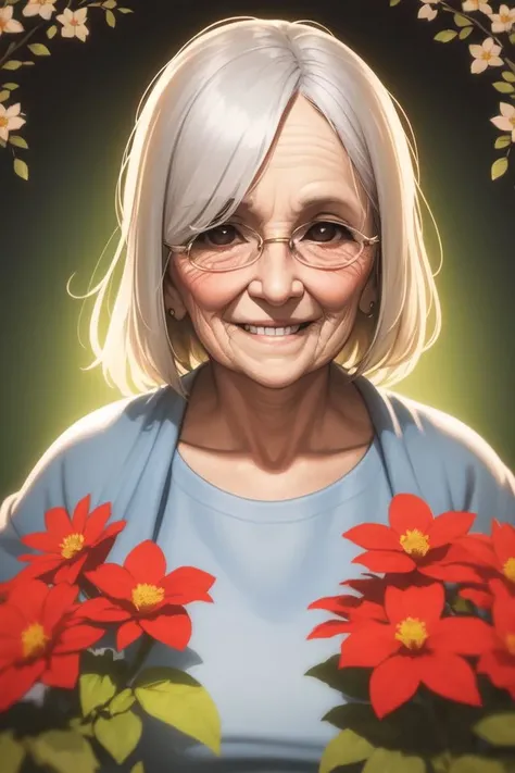 portrait, solo, old woman, facing viewer, grin, backlighting, floral background