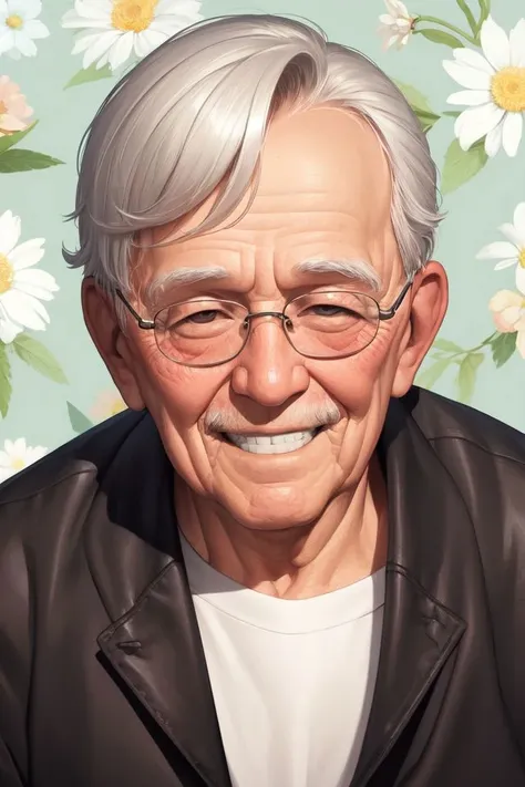 portrait, solo, grandpa, facing viewer, grin, day, floral background