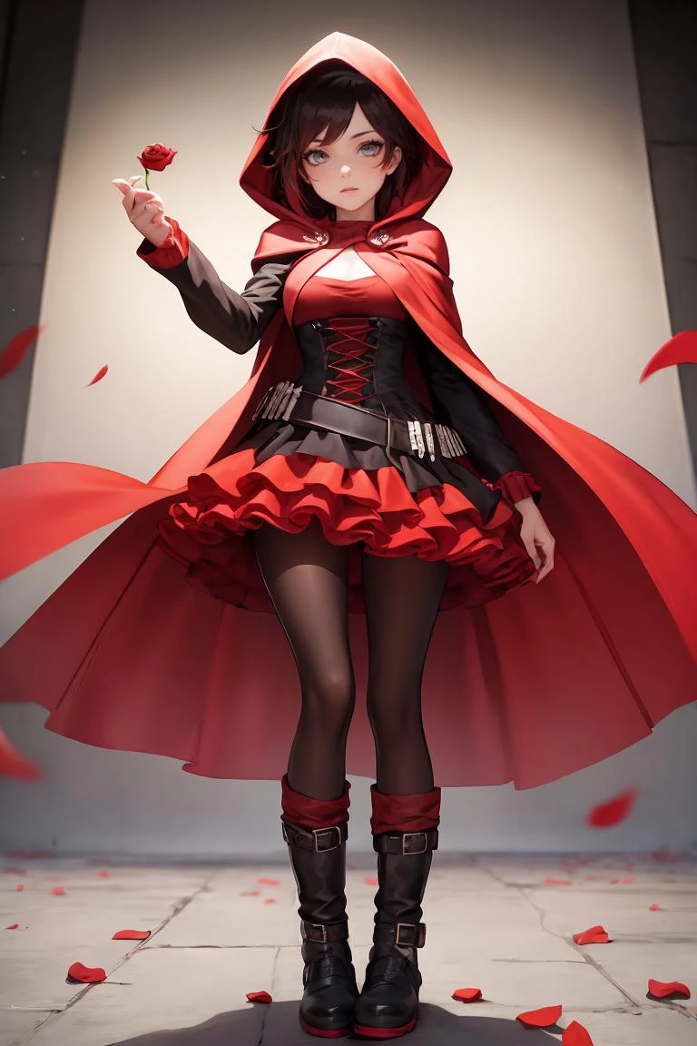 (masterpiece, best quality), 1girl, <lora:ruby_rose:0.8> ruby_rose, cape, dress, red cape, crescent rose, boots, pantyhose, hood, petals, corset