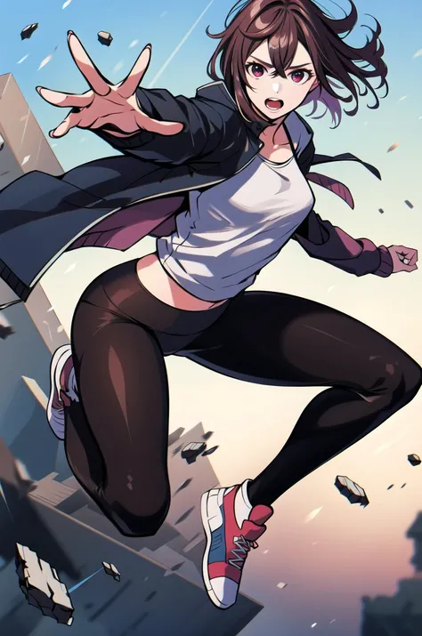 1girl, <lora:MomoAyase:0.75>, medium shot, wearing jacket, (joy:0.7), sports wear undershirt, yoga pants, solo, realistic, floating in air, telekinesis, floating rubble, action pose,