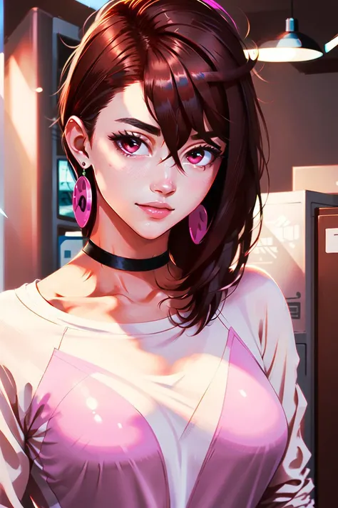 1girl, <lora:MomoAyase:0.8>, (joy:0.7), solo, pink earrings, (smirking:0.7), brown hair, white pink shirt, best quality, masterpiece, sharp focus, 4k,