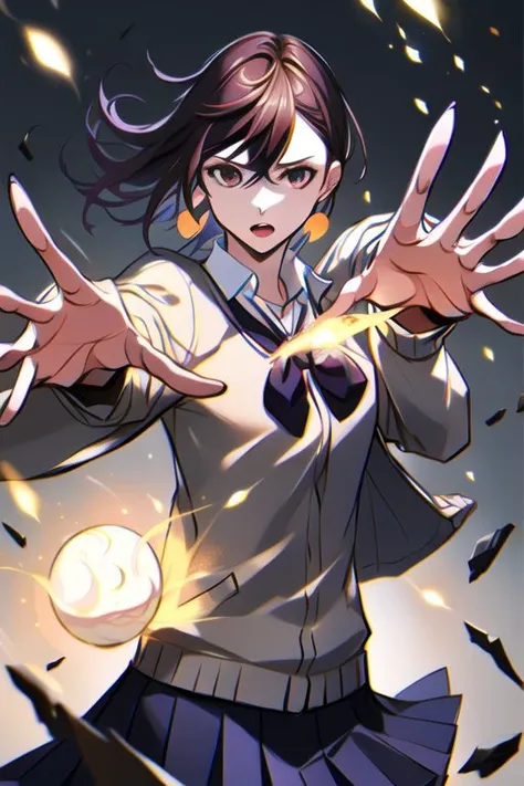 1girl, <lora:MomoAyase:0.75>, medium shot, school uniform, (joy:0.7), solo, realistic, floating in air, (floating rubble:0.8), action pose, realistic, tokyo, Rack Focus, Camera Pull Focus, cream cardigan, <lora:kVoidEnergy-000001:0.75>, magic glowing hands,