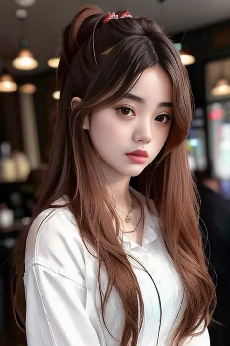 portrait photo of yoonyoungchae sweater, jeans , beautiful woman hair updo upsweep nightclub sitting at bar (masterpiece) (best quality) (detailed) (8k) (HDR) (wallpaper) (cinematic lighting) (sharp focus) (intricate)