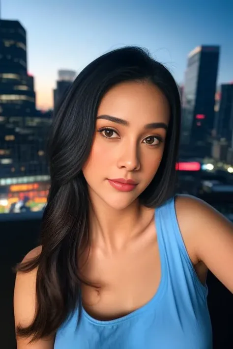 RAW photo, natural makeup, night roof top background, ((looking at viewer)), best quality, ultra high res, (photorealistic:1.4), masterpiece, Kodak portra 400, film grain, soft shadow, light bokeh, <lora:add_detail:0.5>,