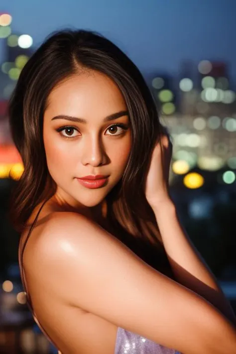 RAW photo, natural makeup, night roof top background, ((looking at viewer)), best quality, ultra high res, (photorealistic:1.4), masterpiece, Kodak portra 400, film grain, soft shadow, light bokeh, <lora:add_detail:0.5>,