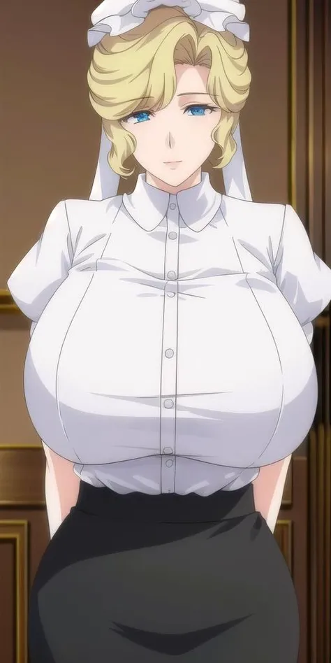 <lyco:Maria_VMV3:0.7>, Maria_VM, huge_breasts, standing, solo, white shirt, black_pencil_skirt, masterpiece, best quality, detailed face, detailed eyes, highres,