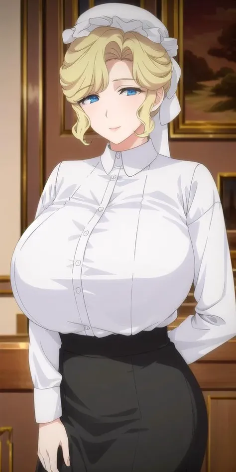 masterpiece,best quality,highest quality,perfect anatomy,high resolution,Super detailed,8k wallpaper,texture,detail,distinctive,HDR,extremaly detailed cg,Azuma Hisato,1 girl,solo,whole body,stand,ponytail,brown头发,Bangs, brown_Eye, 20 years old, adult, looking at the audience, Smile, s face, cleavage(beauty,big breasts:1.8), (beauty脸:1.5),(Narrow waist), office服装, office